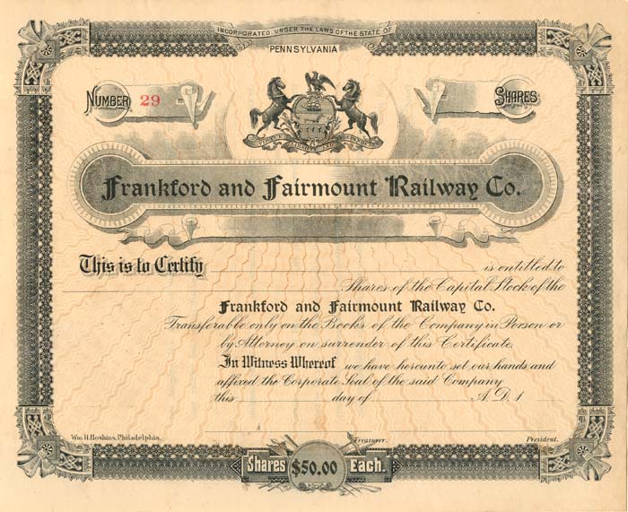 Frankford and Fairmount Railway Co. - Stock Certificate